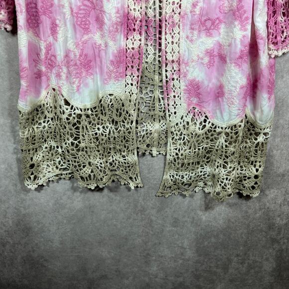 Democracy Kimono Top Womens 2X‎ Multicolor Tie Dye Crochet Trim Open Front Boho - Picture 4 of 11